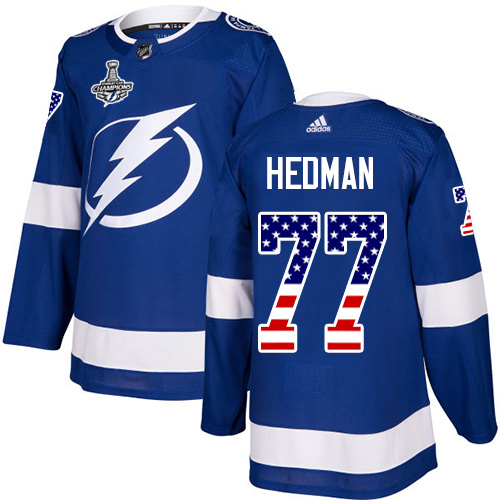 Men Adidas Tampa Bay Lightning #77 Victor Hedman Blue Home Authentic USA Flag 2020 Stanley Cup Champions Stitched NHL Jersey->tampa bay lightning->NHL Jersey